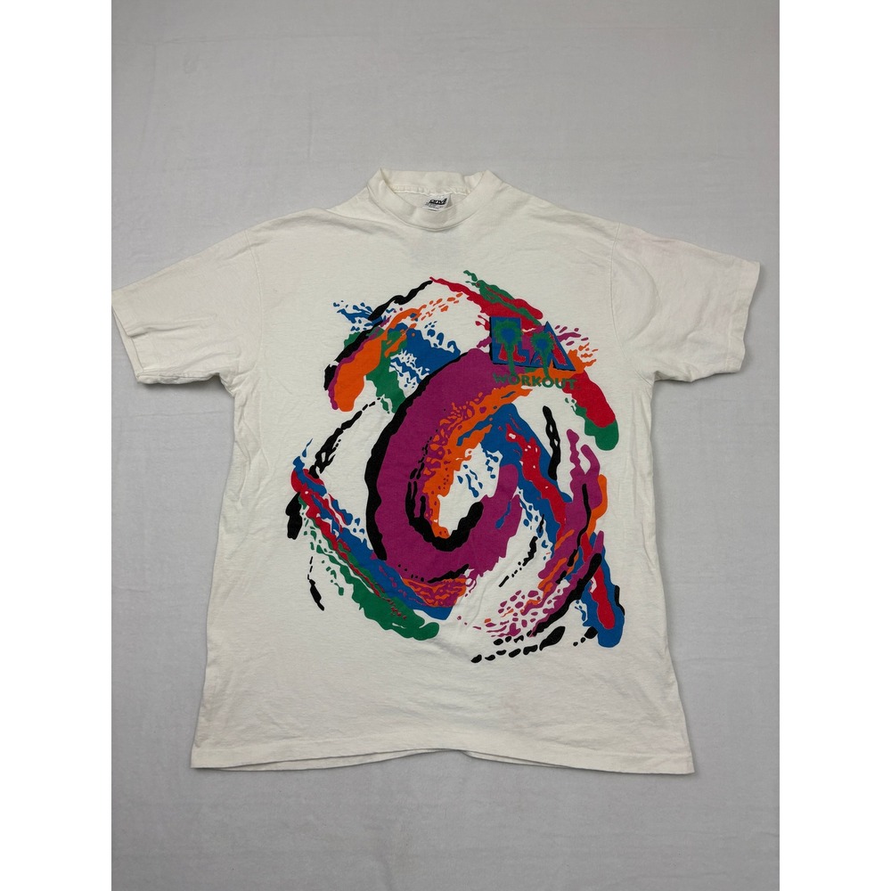 Vintage 90s LA Workout T Shirt XL Anvil White Abstract Paint Swirl Made in USA